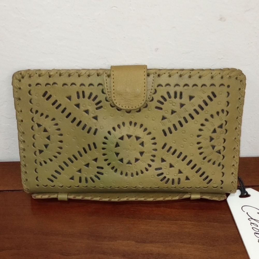 Cleobella Mexicana Olive Green Leather Hand Tooled Clutch Purse/Wallet - New!